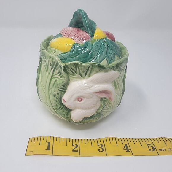 Vintage Bunny Lane By Strata White Rabbit Green Cabbage Easter Tea Pot W/ Lid - Picture 1 of 16
